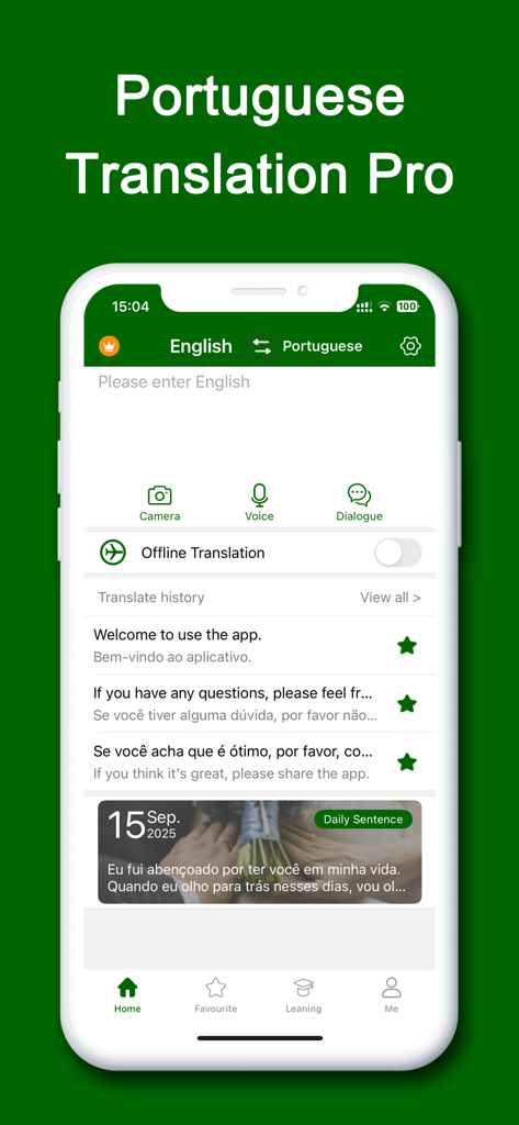 ptTranslator for Portuguese - A tela inicial do aplicativo ptTranslator para Português, mostrando várias opções de tradução e um recurso de frase do dia.