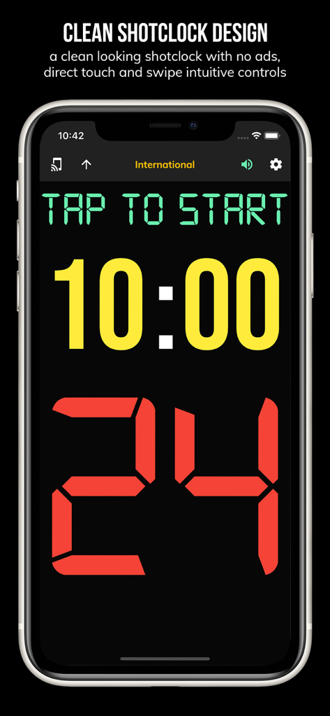 BT Basketball Shotclock - Mobile screen showing the BT Basketball Shotclock app with a 24 second timer and 10 minute game clock