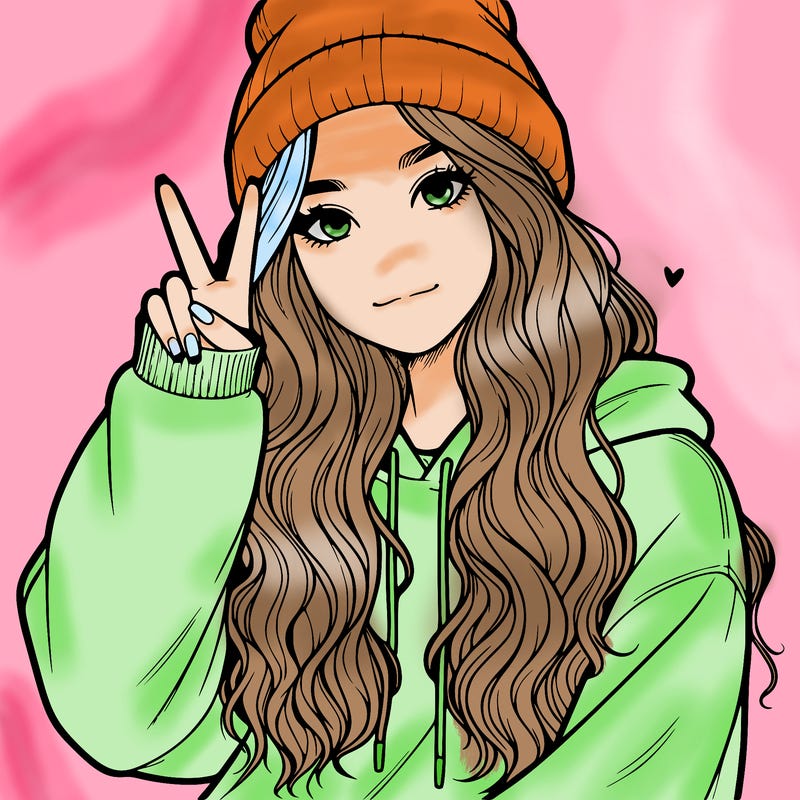 a teenage girl in a beanie, oversized sweatshirt, wavy long hair, and is showing a ✌️