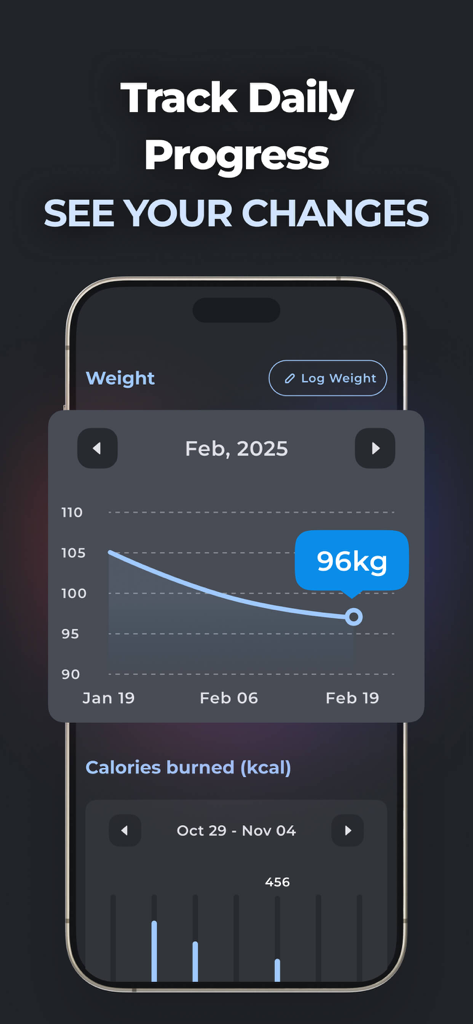 A smartphone screen displaying a weight loss progress graph and a calories burned tracker within the MuscleFit app.