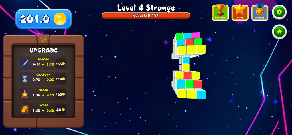 Ostec Crumble - Gameplay screen of Ostec Crumble showing a voxel structure and the upgrade menu for damage and range