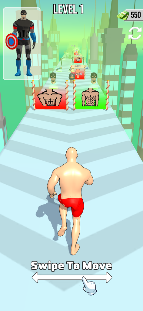 Un personaje corriendo en una pista eligiendo partes del cuerpo para construir un superhéroe en el juego móvil Crea Un Superhéroe