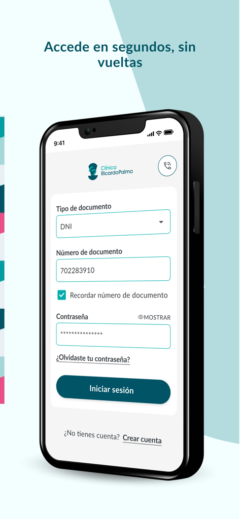 Clínica Ricardo Palma - Login screen of the Clinica Ricardo Palma mobile app showing fields for document type and identification number.