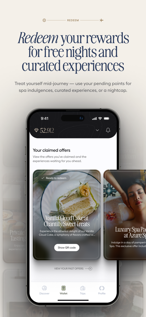 Journey | Loyalty Rewards - Smartphone screen of the Journey app showing options to redeem reward points for curated dining and luxury spa experiences