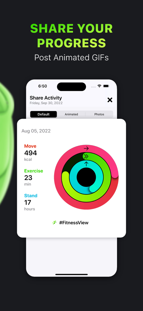 Activity Tracker・FitnessView - iPhone screen showing the share activity feature in the FitnessView app with colorful activity rings and progress data