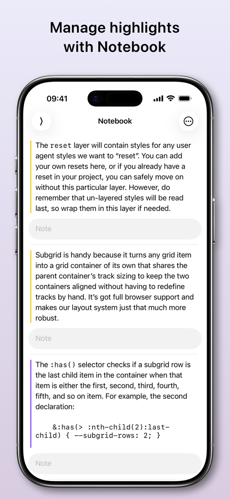 GoodLinks - iPhone screen showing the GoodLinks notebook interface with highlighted article text and empty note fields.
