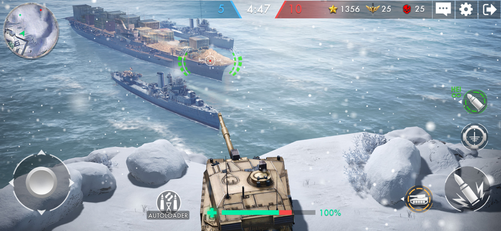 A 3D tank aiming at warships from a snowy cliff in a Tank Warfare PvP match