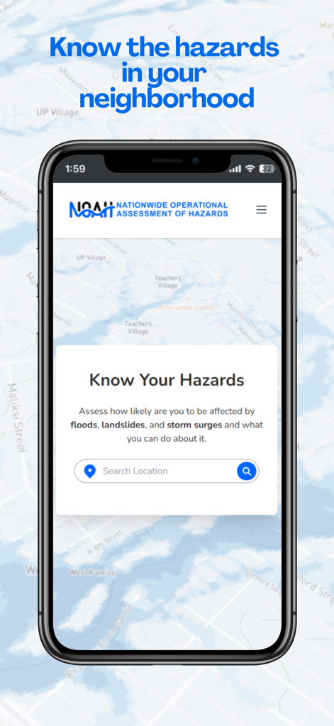 UP NOAH - A tela inicial do aplicativo UP NOAH mostrando a interface de busca para avaliação de perigos naturais como inundações e deslizamentos de terra.