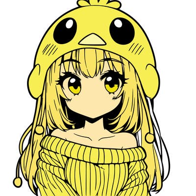 anime girl with chick shaped hat with sweater with bare shoulders with bangs covering them one eye with low tail