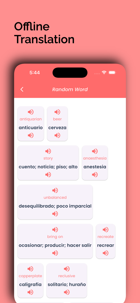 Spanish translator Offline! - Mobile interface of the Spanish translator Offline app displaying several English to Spanish word translations and audio playback icons