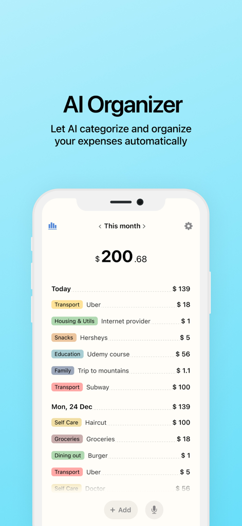 Budget AI: Spending tracker - Budget AI app screen showing automatic categorization of expenses with labeled transactions like transport and housing