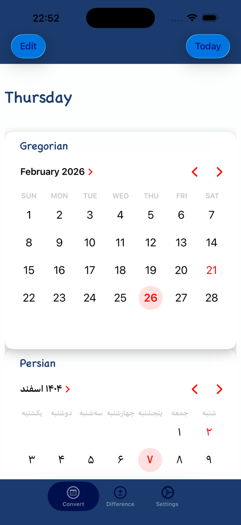 Interfaz de la aplicación Dates Convert mostrando la conversión de fechas entre el calendario gregoriano y persa