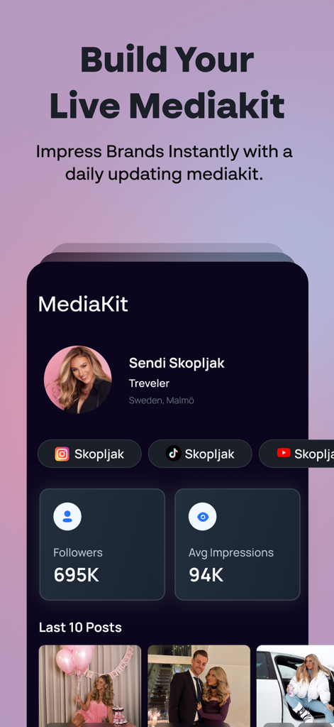 Mysocial: AI Creator Manager - A screenshot of the Mysocial app interface showing a professional live media kit for social media influencers