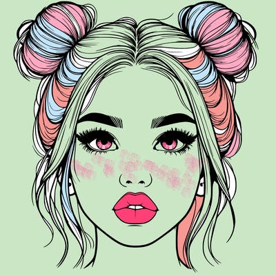 realistic girl with two buns on her hair and lips