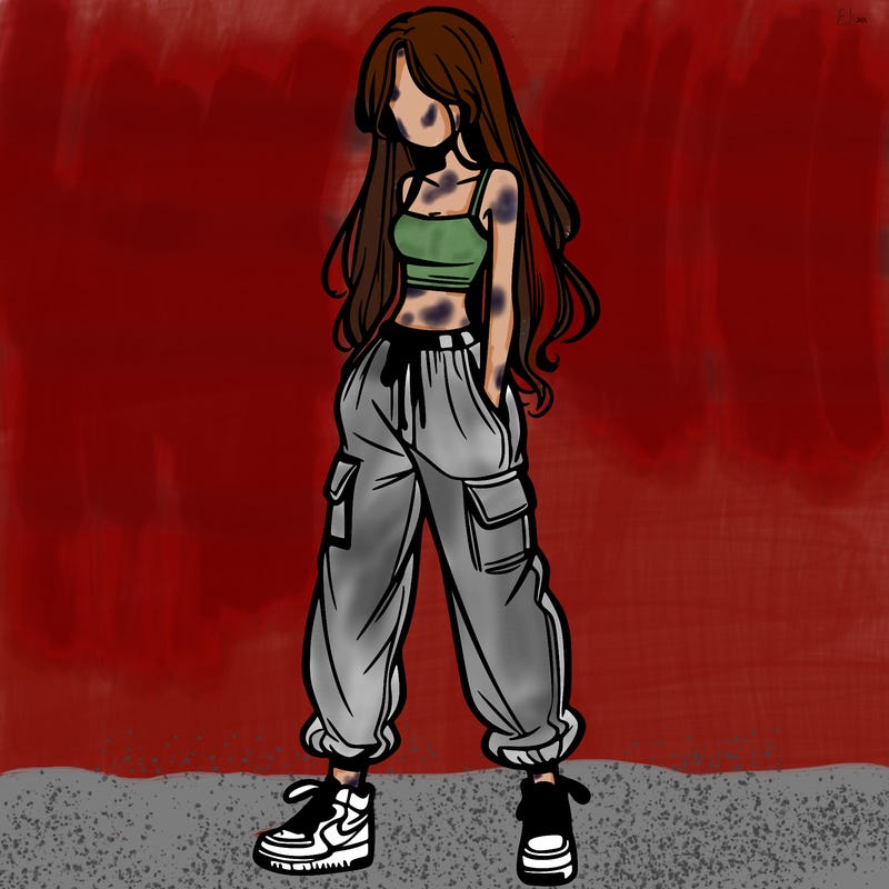 girl in baggy pants crop top and long hair