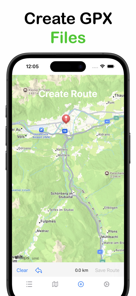 Smartphone screen showing the create route feature on a topographic map within the GPX viewer app