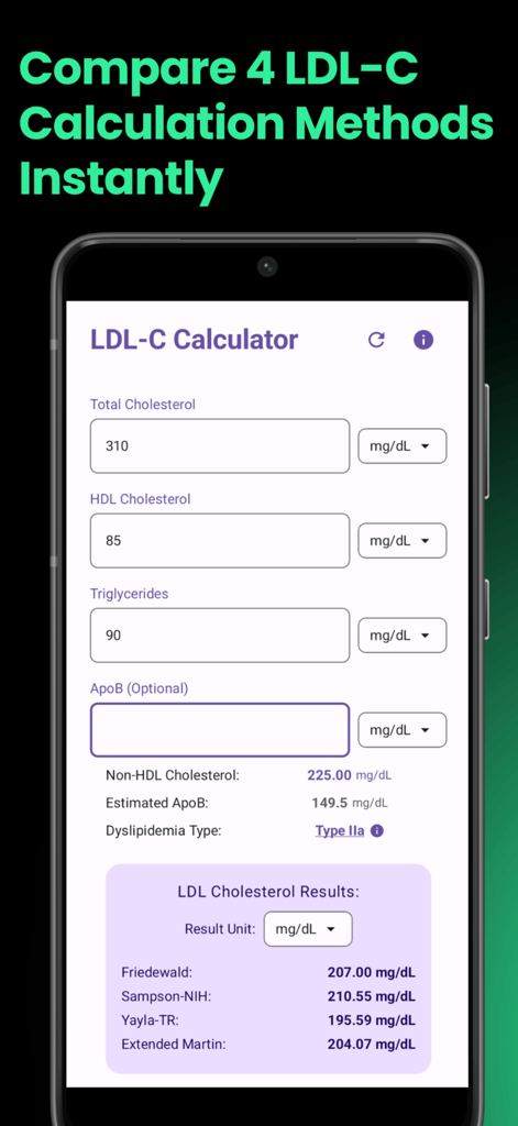 Interface do aplicativo móvel LDL-C Calculator mostrando comparação de quatro métodos diferentes de cálculo de colesterol