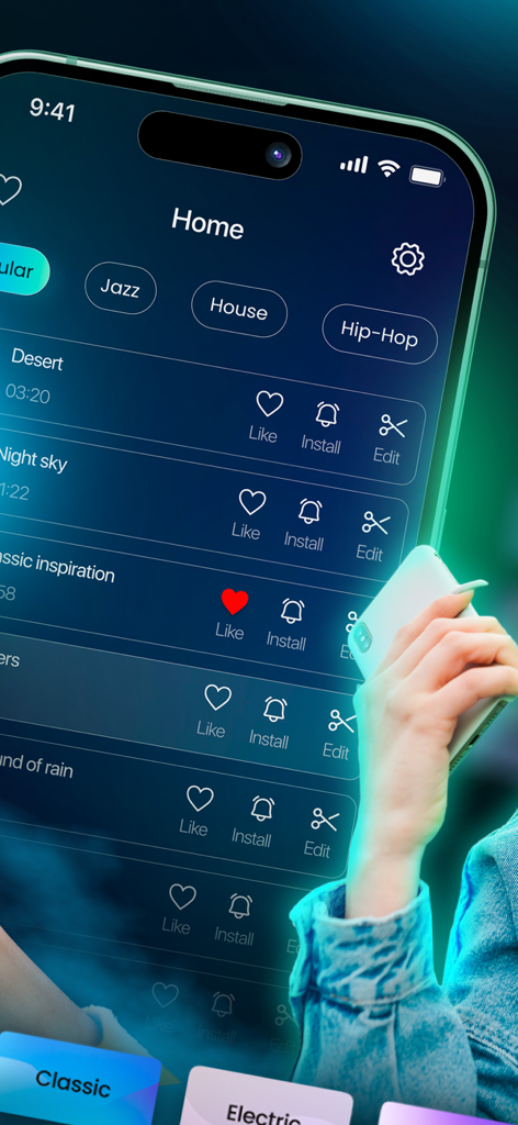 Garage Ringtones app interface showing music categories like Jazz and House with a list of custom tones and options to like install or edit