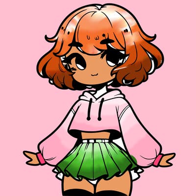 cute femboy with short, fluffy hair that softly frames their face, wearing a cropped hoodie, paired with a flouncy short skirt, and thigh-high stockings