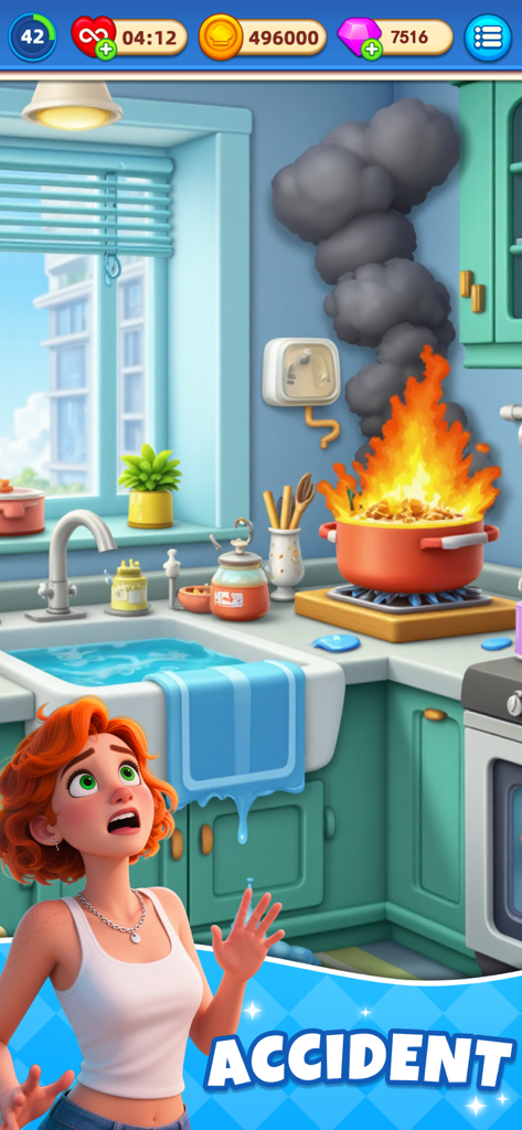 A shocked female character in a kitchen with a fire on the stove and an overflowing sink