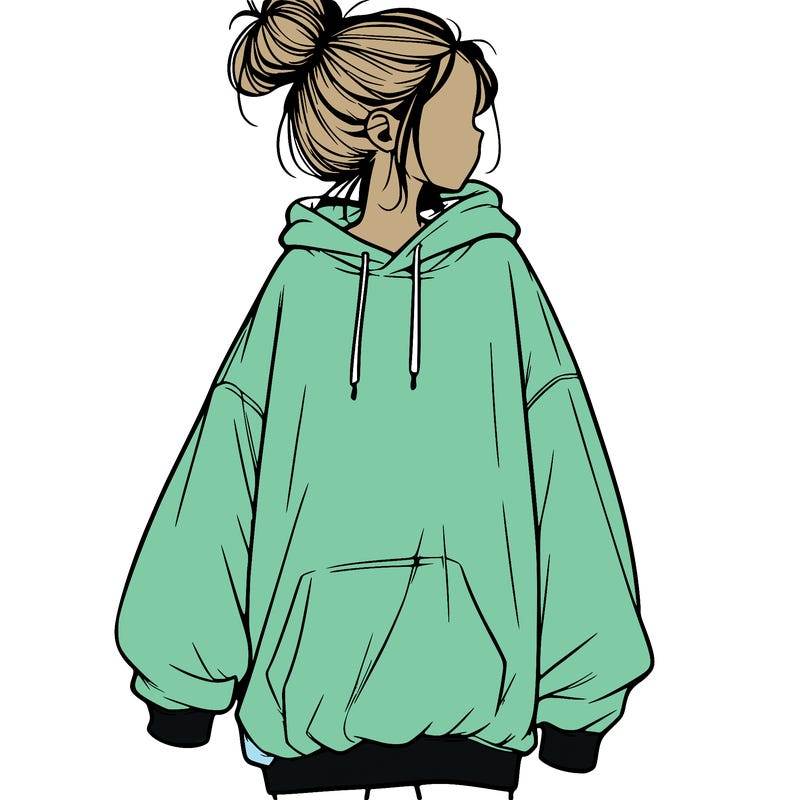 realistic girl with a oversized sweatshirt on and a bun