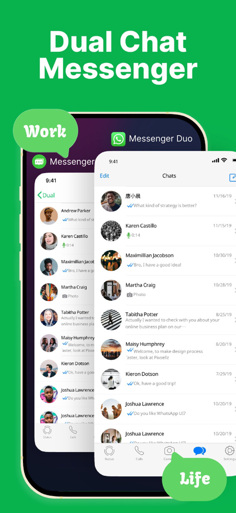 Messenger Duo app interface showing simultaneous management of work and personal chat accounts