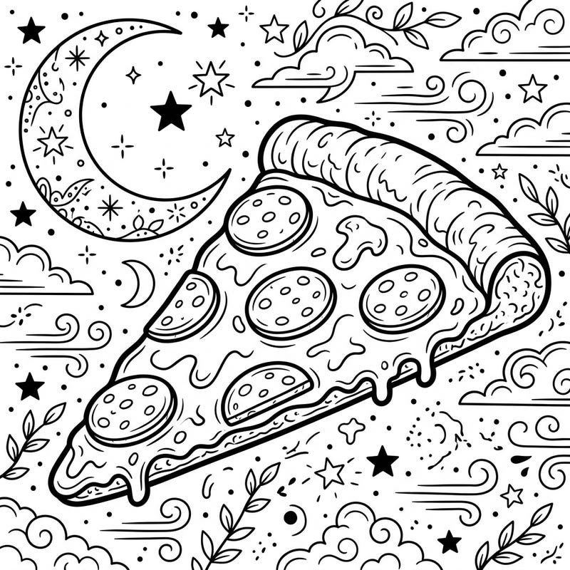 Settle in for a delicious coloring adventure with this pepperoni pizza slice nestled under a beautiful night sky. Featuring a detailed pizza and celestial elements, it's perfect for a relaxing creative escape.
