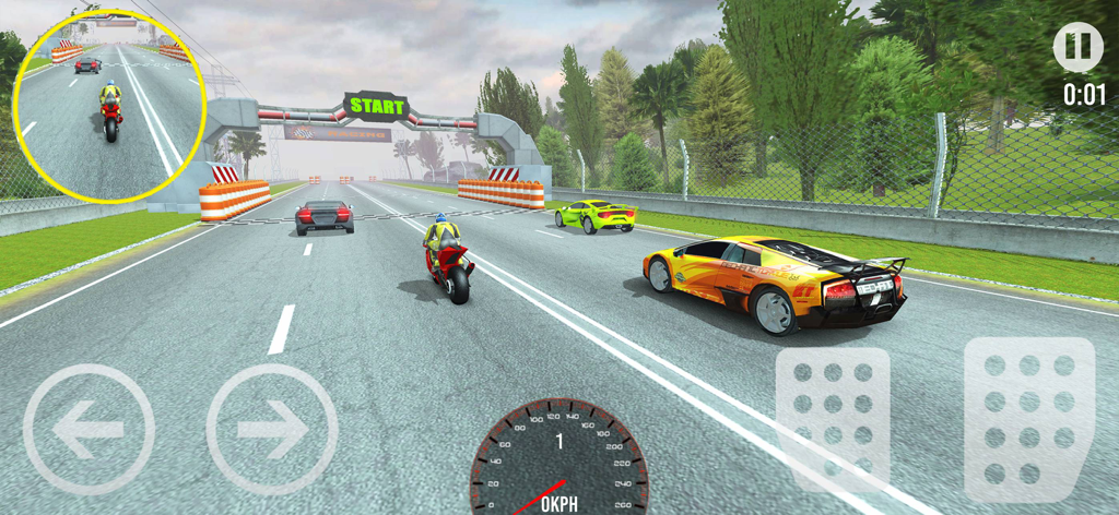 Car vs Bike Racing - Race Game - Sports cars and a motorcycle lined up at the start of a 3D highway race.