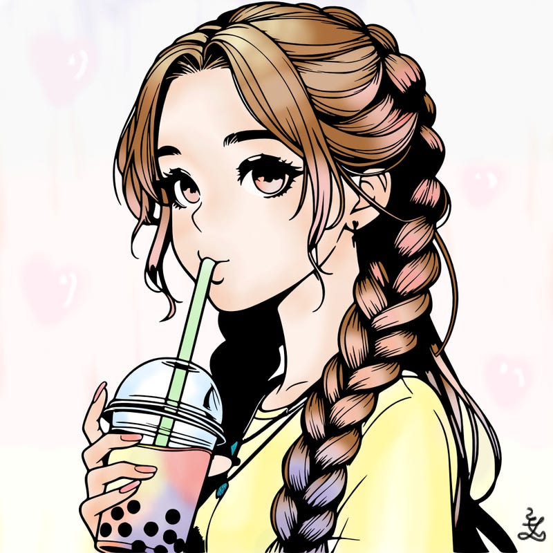 realistic girl with braided hair drinking boba