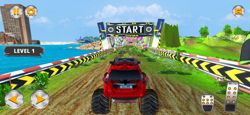 Red 4x4 SUV at the start line of a dirt track in a driving simulator game