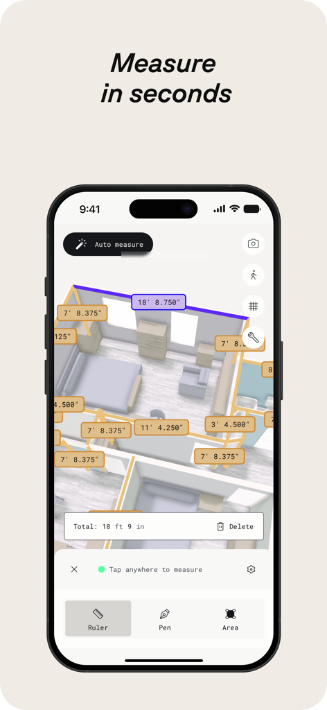 Polycam 3D scanner app showing automatic room measurements and a digital floor plan