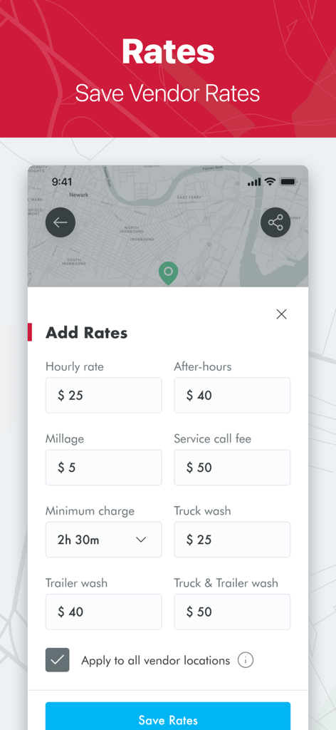 Tela do aplicativo móvel mostrando um formulário para salvar taxas de fornecedores para reparos e lavagens de caminhões