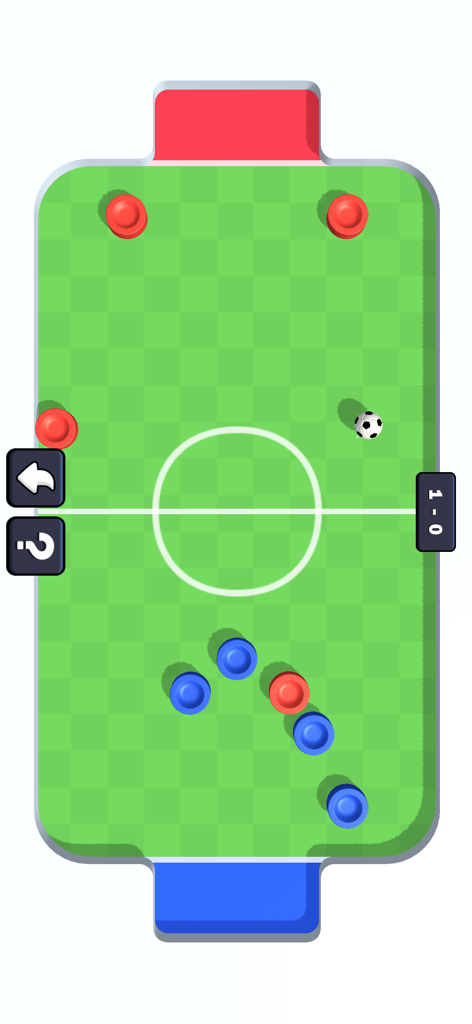 No internet games - Top down view of a 2D soccer disc game with red and blue pieces on a green field