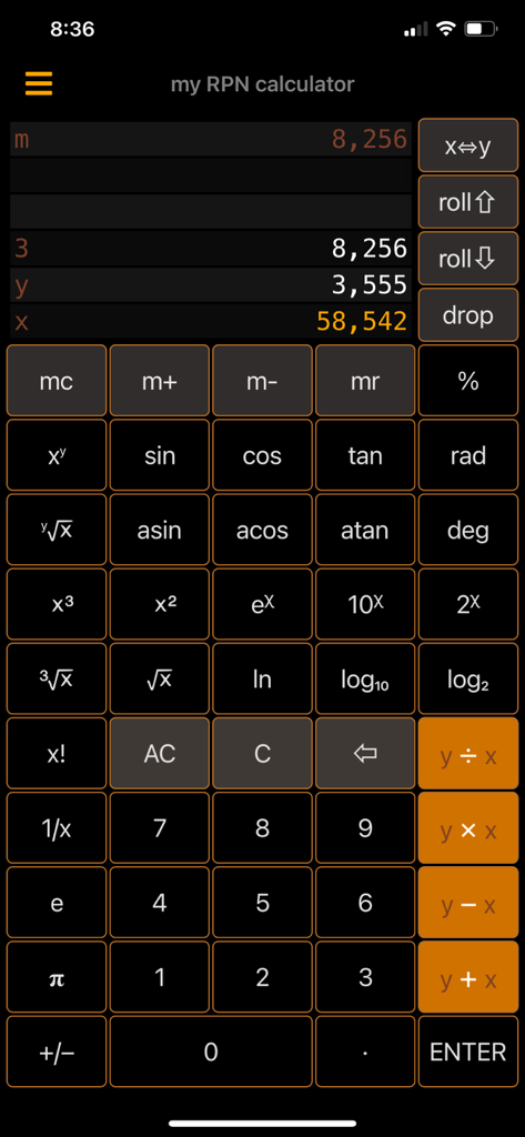 My RPN Calculator mobile app interface in dark mode showing scientific functions and the calculation stack