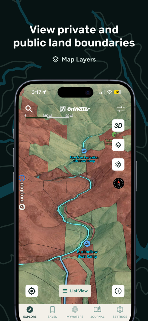 onWater app map view showing public and private land boundaries and boat ramps for anglers