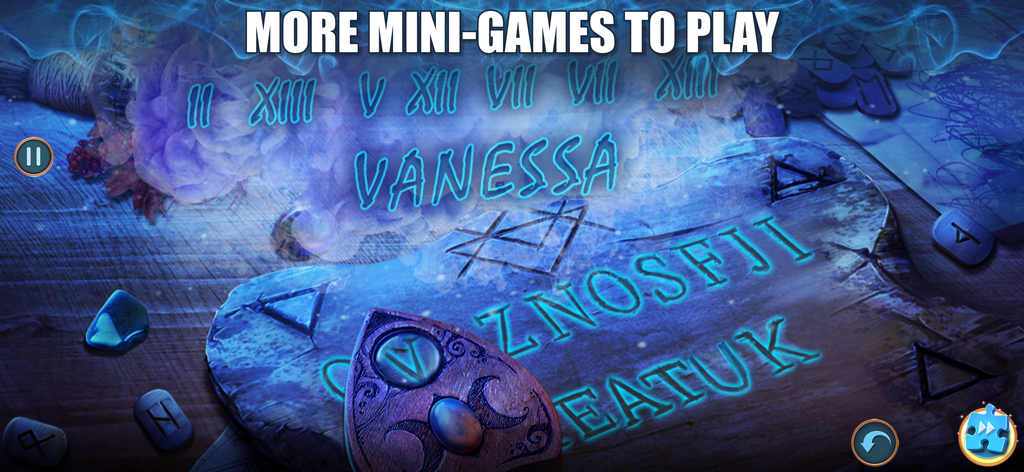Twin Mind: Hidden Objects F2P - Un rompecabezas de misterio sobrenatural con letras y símbolos azules brillantes en Twin Mind Hidden Objects