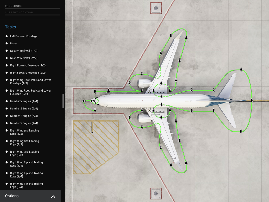 Draufsicht auf ein Boeing-Flugzeug mit hervorgehobenen Inspektionspunkten und einer Aufgabenliste.