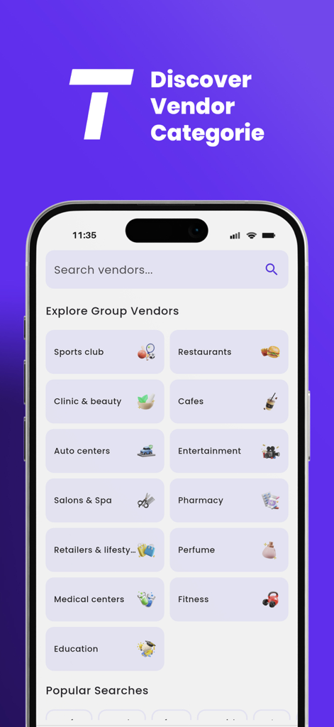 Tolaab - Pantalla de la aplicación móvil Tolaab que muestra categorías de descuentos para estudiantes, incluidos restaurantes, cafeterías y centros de fitness.