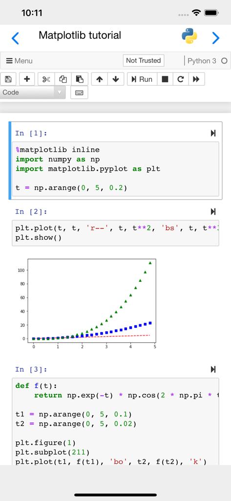 Carnets - Jupyter - Eine Jupyter-Notebook-Oberfläche auf dem iPhone, die Python-Code und ein generiertes Matplotlib-Diagramm anzeigt