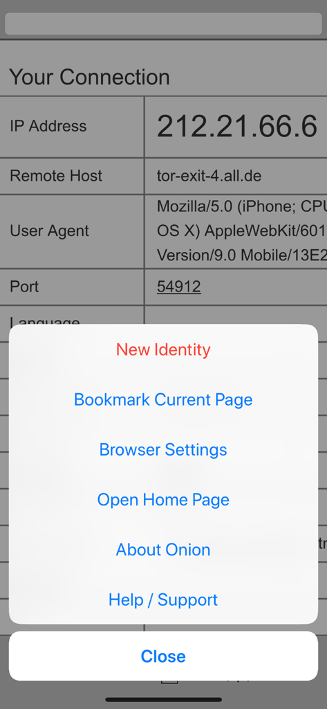 Proxy browser connection details and menu options