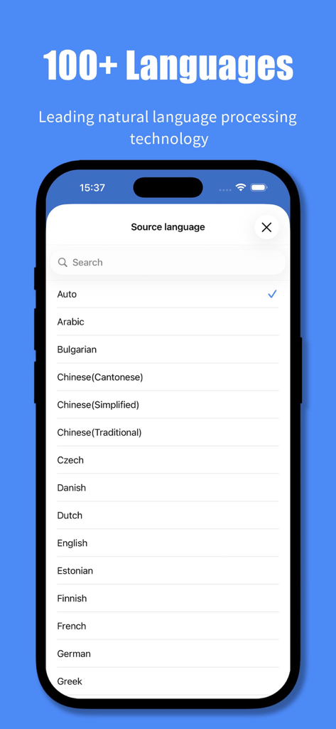 aTranslate - AI Translator - Captura de pantalla de iPhone de la aplicación aTranslate que muestra una lista de más de 100 idiomas compatibles para traducción de IA