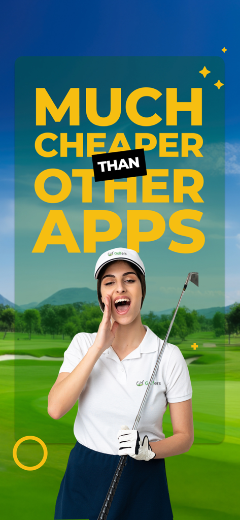 A woman golfer announcing that Golfers Booking is much cheaper than other apps