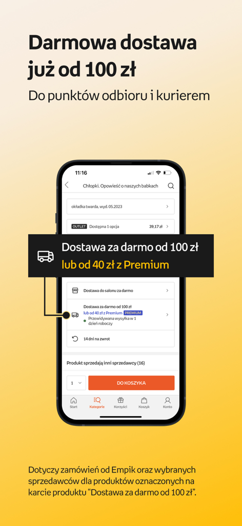 Empik mobile app interface showing free delivery details and a book product page