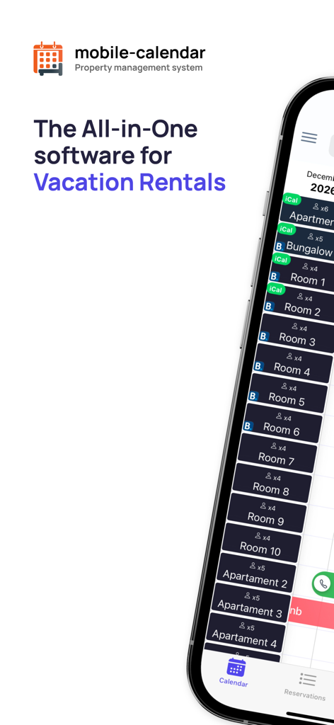 mobile-calendar booking system - バケーションレンタル管理用の部屋とアパートのリストが表示されたmobile-calendarプロパティ管理システムのインターフェイスを表示するスマートフォン。