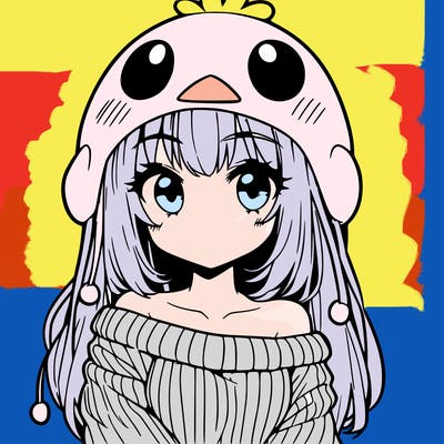 anime girl with chick shaped hat with sweater with bare shoulders with bangs covering them one eye with low tail