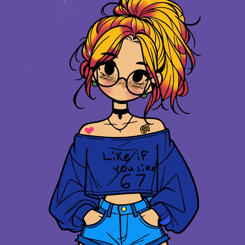 girl with a messy ponytail glasses a baggy crop top and jean shorts