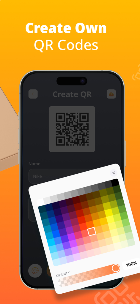 Pocket QR Code Reader Scanner - Interfaz de aplicación móvil que muestra un generador de códigos QR personalizado con un selector de color para personalizar.