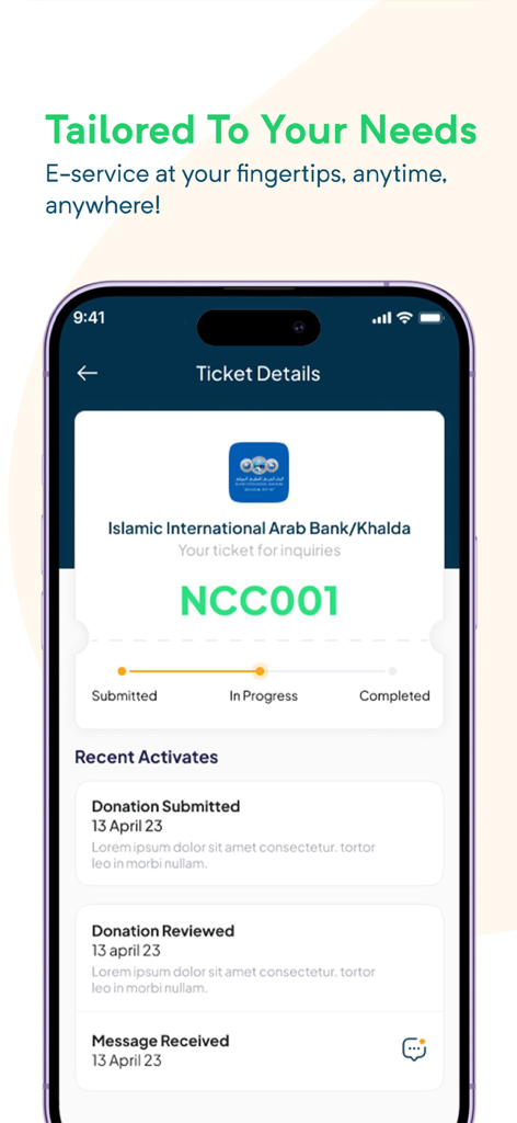 Balador - Balador mobile app screen showing a virtual service ticket for a bank with a progress tracker