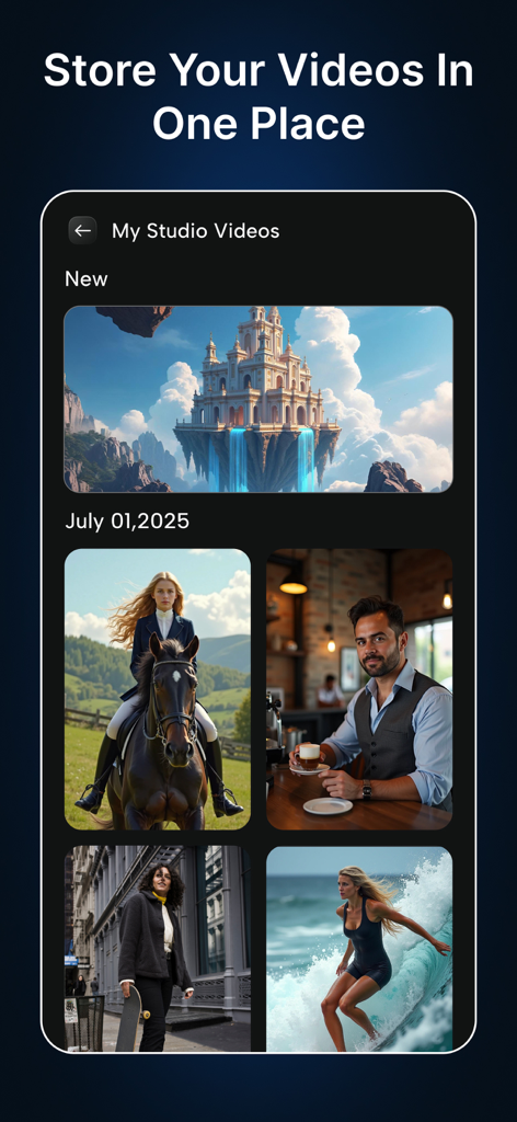 Reverse Magic Video Editor - マイスタジオセクションに保存された動画プロジェクトのギャラリーを表示するリバースマジック ビデオエディタアプリのインターフェース