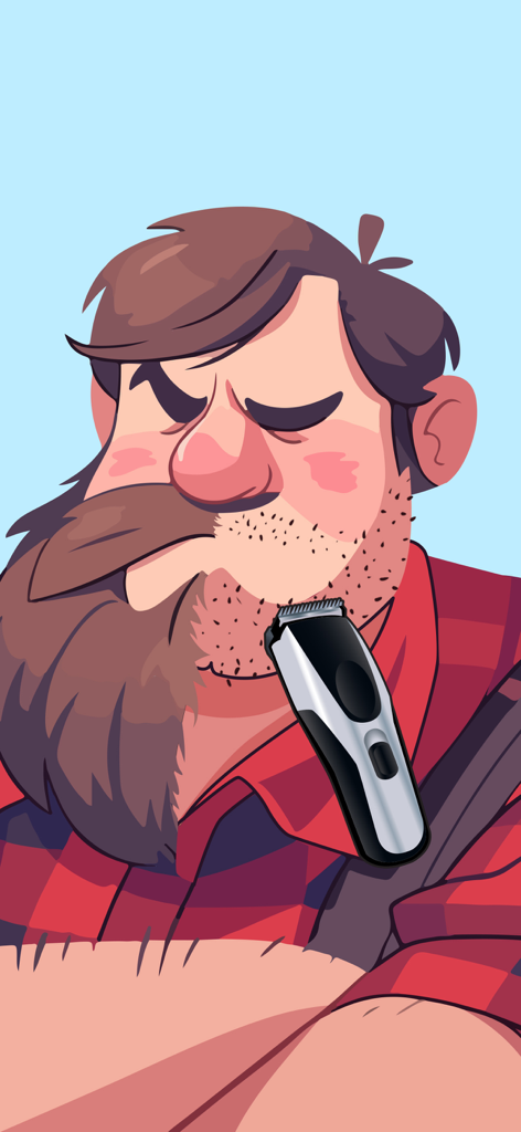 A cartoon man having his thick beard trimmed with an electric shaver in a satisfying puzzle game.